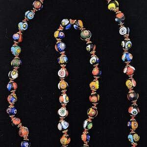 Vintage Colorful Millefiori Venetian Murano Art Glass Beaded 28” Necklace